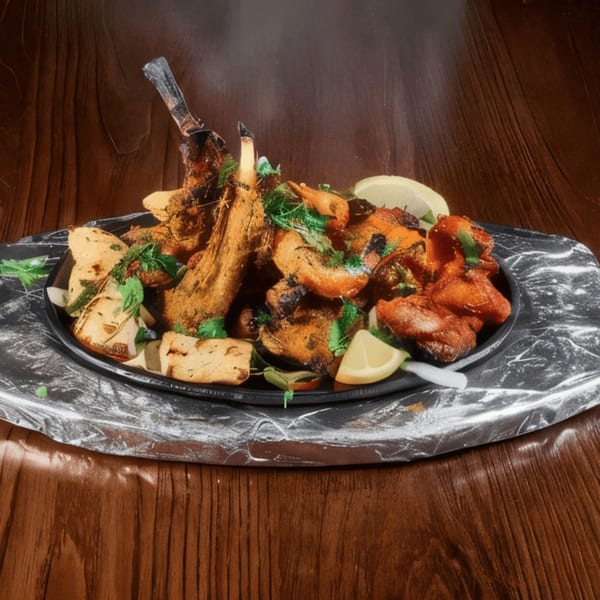 A sizzling platter of grilled lamb chops, chicken, and vegetables, garnished with fresh herbs and lemon.