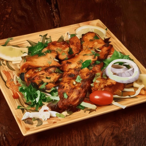 Grilled chicken pieces with fresh greens, lemon, onion, and a cherry tomato on a wooden platter.